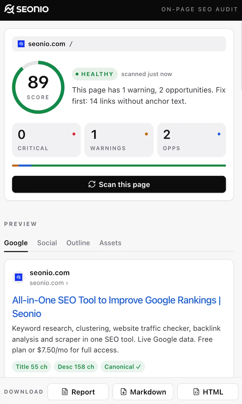 Seonio Chrome side panel showing an on-page SEO audit